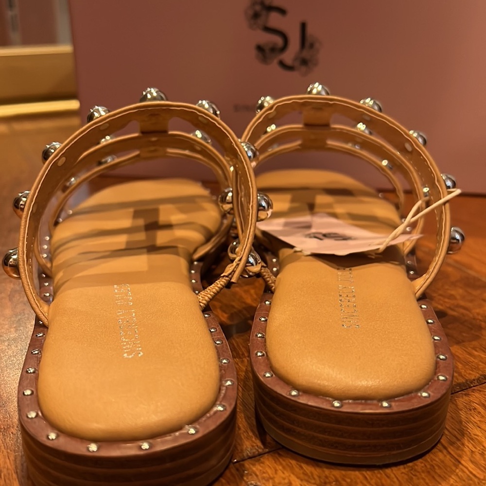 Sincerely Jules Ventura Tan Studded Gladiator Sandals Silver Ball Tan Slides 7.5 - Picture 13 of 17